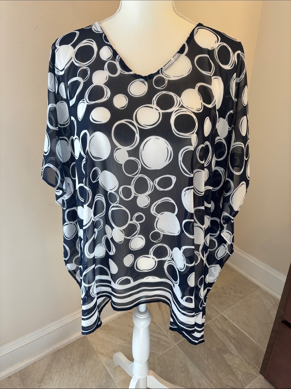 Chico's Navy Blue and White Bubble Print V-Neck Poncho